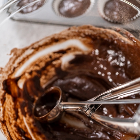 Chocolate batter in a mixing bowl